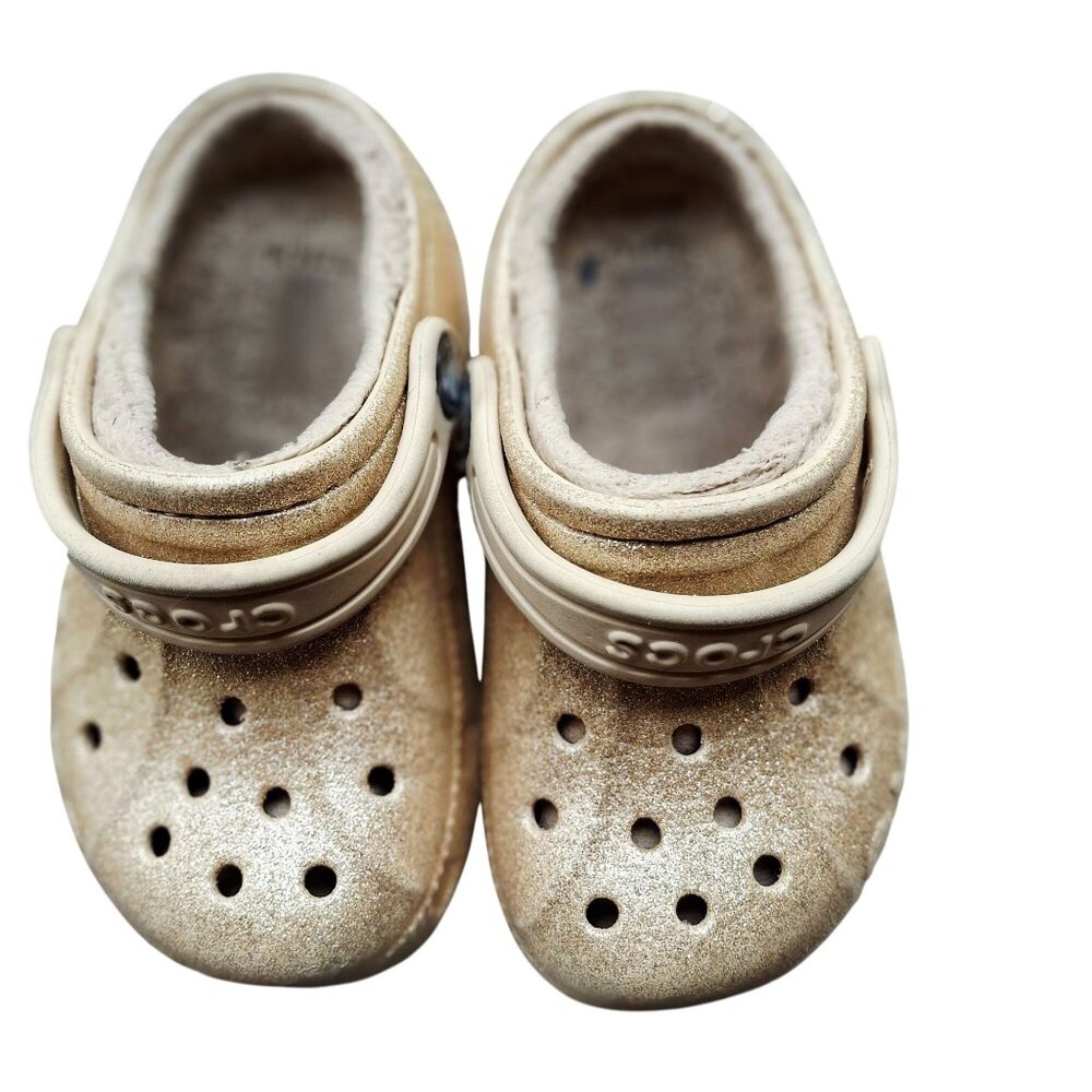 Gold Glitter Crocs C9 Toddler Classic Clogs With Plush Lining Fancy